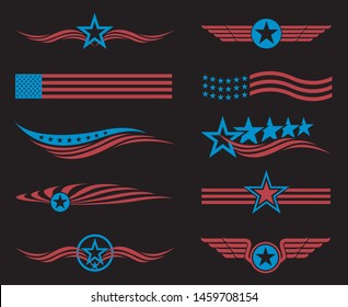 collection of USA star flag labels isolated on black background