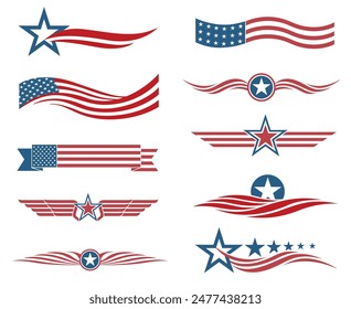 collection of USA star flag labels isolated on white background