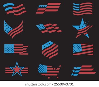 collection of USA star flag labels isolated on black background