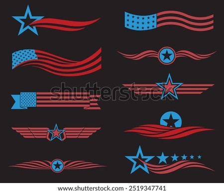 collection of USA star flag labels isolated on black background
