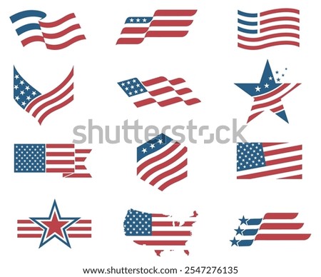 collection of USA star flag labels isolated on white background