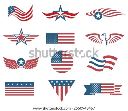 collection of USA star flag labels isolated on white background