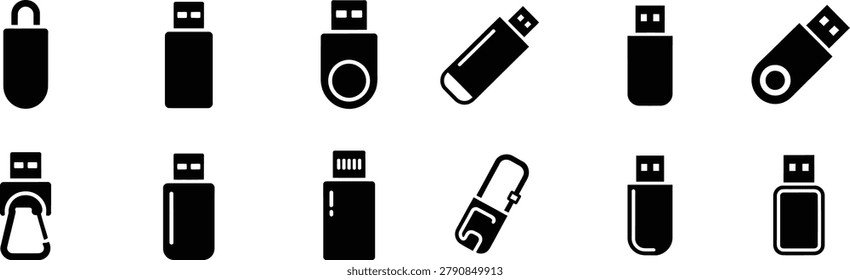 Collection of usb flash drive icons, showcasing a range of portable memory sticks with distinct designs and connector variations.