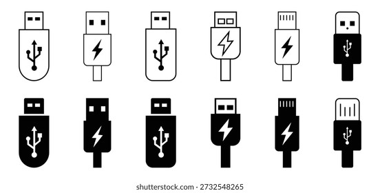 Collection of USB line icon. USB connector and flash drive in black and white silhouettes. USB charging. Flash disk sign and symbol. Vector illustration. 