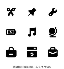 Collection of useful tools, travel, and everyday object solid icons.
