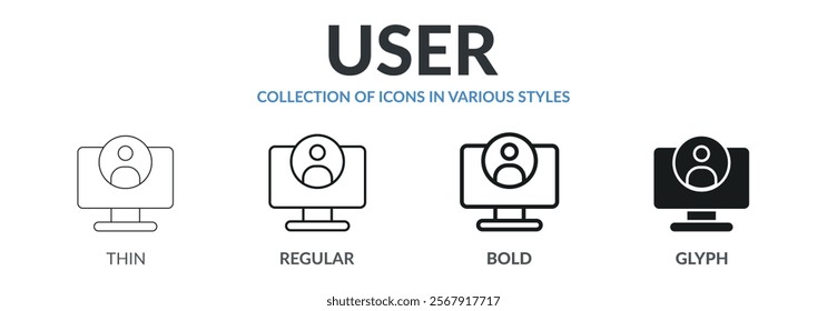 Collection of USER icons in variety of styles. Designed in thin line, regular line, bold line, and glyph.