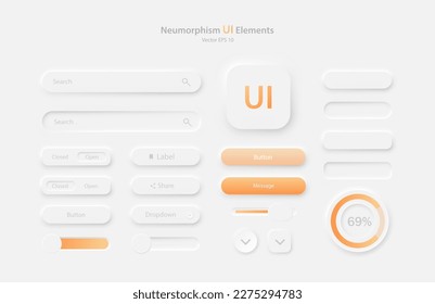 A collection of user interface elements for a mobile application in white and orange. Buttons for mobile devices in the style of neumorphism, UI, UX. Vector EPS 10.