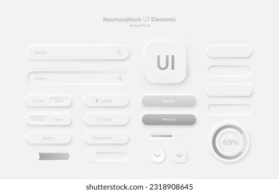 Collection of user interface elements for a mobile application. Set of icons for user interface development in white and grey. Buttons for mobile devices in the style of neumorphism, UI, UX. 