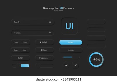 Colección de elementos de interfaz de usuario para una aplicación móvil. Un conjunto de iconos para el desarrollo de la interfaz de usuario en negro y azul. Botones para dispositivos móviles al estilo neumorfismo, UI, UX