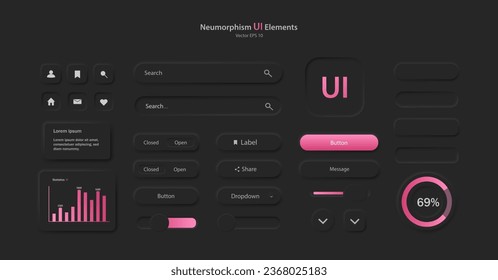 Colección de elementos de interfaz de usuario para una aplicación móvil. Un conjunto de iconos para el desarrollo de la interfaz de usuario en negro y rosa. Botones para dispositivos móviles al estilo neumorfismo, UI, UX