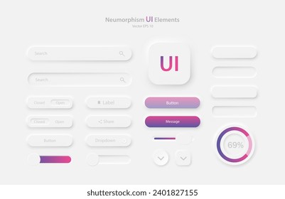 Colección de elementos de interfaz de usuario para una aplicación móvil en blanco y púrpura rosa. Botones para dispositivos móviles al estilo neumorfismo, UI, UX. Ilustración vectorial.