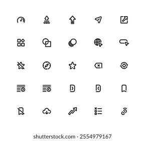 A Collection Of User Interface Icon. The Icons Include A Star, Cloud, Globe, Cross, Check Mark, Down Arrow, Right Arrow, Left Arrow, Plus Sign, Minus Sign, Editable Stroke.