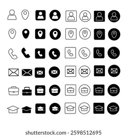 Collection of User Interface Icons Location, Contact, Phone, Email, Briefcase, and Graduation Cap for CV Curriculum Vitae