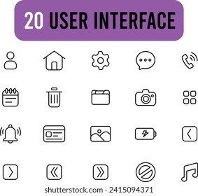 Sammlung linearer Symbole der Benutzeroberfläche. Set von Home, Chat-Symbole mit dünnen Konturen gezeichnet.