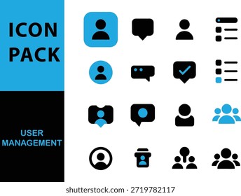 Collection of user management icons in black and blue, featuring various user profiles, chat bubbles, and group representations.