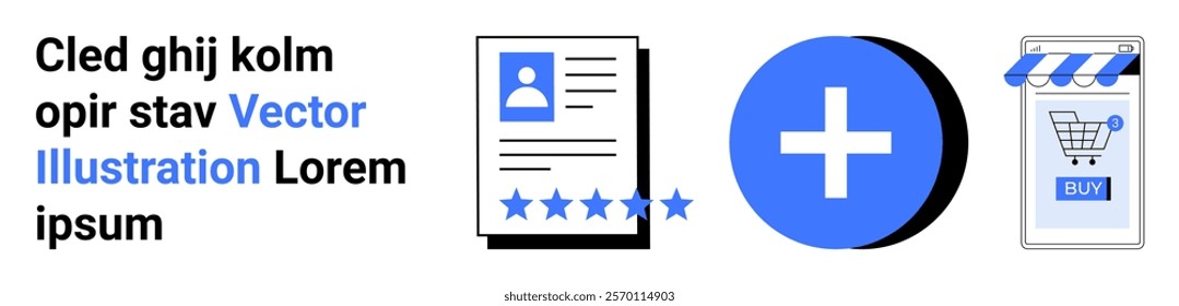 Collection of a user profile with rating stars, a plus symbol, and an online store checkout icon with a blue colour scheme. Ideal for e-commerce, user experience, online ratings, digital shopping