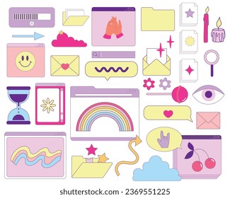 Collection of user retro interface elements. Vaporwave style vector illustration in pastel colors. Retro, trends, nostalgic style 80s - 90s. For posters, print, social media posts. Hand drawn objects.