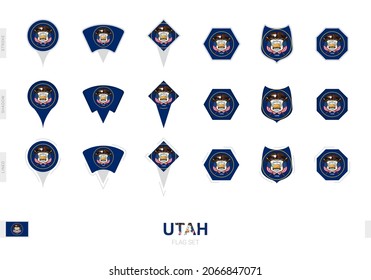 Sammlung der Utah-Flagge in verschiedenen Formen und mit drei verschiedenen Effekten. Vektorfahmensatz.