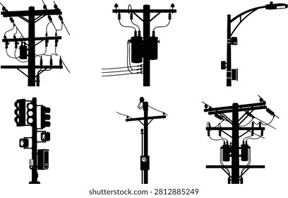 A collection of utility pole, power distribution, street light, and traffic signal silhouettes isolated on a white background. Perfect for vector illustrations, infrastructure projects, engineering diagrams, urban planning, GIS maps, construction graphics, and public utility design.