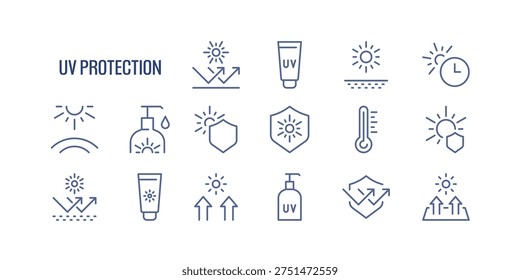 Collection of uv protection linear icons, sunscreen, sun rays, skin safety, temperature heat, set of healthcare prevention and solar shield symbols drawn with thin contour lines, vector illustration.