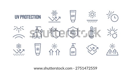 Collection of uv protection linear icons, sunscreen, sun rays, skin safety, temperature heat, set of healthcare prevention and solar shield symbols drawn with thin contour lines, vector illustration.
