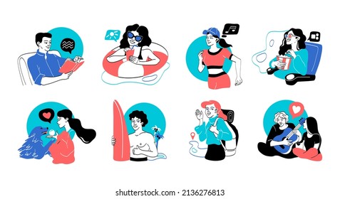 Collection of vacation activities. Men and women read book, surf, swim in sea, run, go hiking and watch movies. Characters rest and relax. Cartoon flat vector set isolated on white background