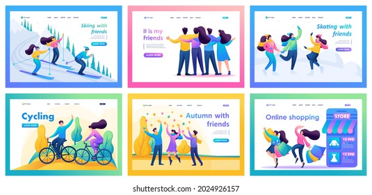 Colección de páginas de aterrizaje de vacaciones con amigos. Caminatas conjuntas, compras, ciclismo, recreación. Personajes planos de dibujos animados