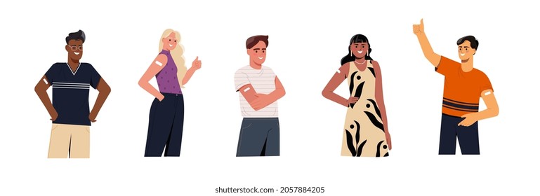 Collection of vaccinated people. Characters with patches on their arm in injection area. Men and women with immunity from infectious diseases. Cartoon flat vector set isolated on white background