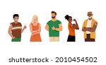 Collection of vaccinated people. Vector illustration of diverse cartoon smiling men and women with with a plasters on the shoulder. Isolated on white