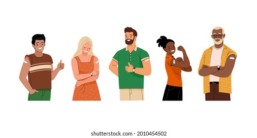 Collection of vaccinated people. Vector illustration of diverse cartoon smiling men and women with with a plasters on the shoulder. Isolated on white