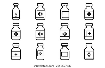 Coleção de ícones de garrafa de vacinação com suprimentos de saúde médica e conceitos farmacêuticos