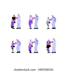 Una colección de ilustraciones de vacunación. Médicos y enfermeras que vacunan a hombres, mujeres y niños
