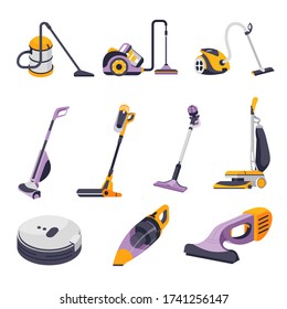 Collection of vacuum cleaners of different models and types, set of hoovers for cleaning home. Set of isolated hoovers for domestic chores and tidying up. Appliances and devices, vector in flat