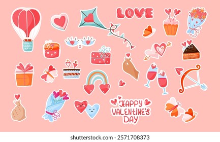 Collection of Valentine Day stickers with hearts, gifts, balloons, cupcakes, and more. For cards, scrapbooks, and digital messages for Valentine celebrations. Vector illustration