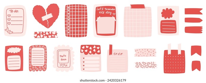 Collection of Valentine day themed memo stickers. Journal planning love sticker sheets.