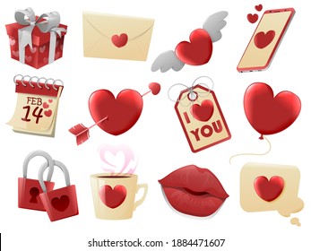 Collection of Valentine design elements with candy, rose, cup, key, lock, gift, hearts, lips and calendar. Holiday concept. Sweets and love. Vector illustration