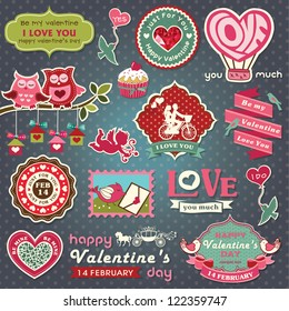 Collection of valentine design and wedding labels, elements with retro vintage styled design