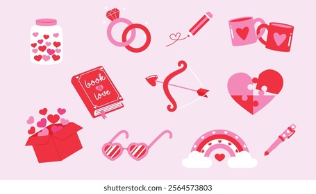 collection of valentine element, bottle of heart, couple ring, pencil, couple mug, book of love, heart arrow, jigsaw, box of heart, heart sunglasses, rainbow, pink pen