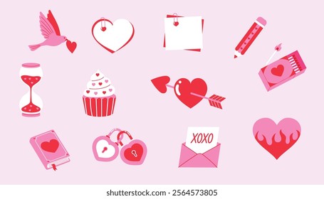 collection of valentine element flying dove with heart, note with paper clip, pink pencil, hourglass with heart, cupcake, heart arrow, pink book, heart lock, love letter, box of matches