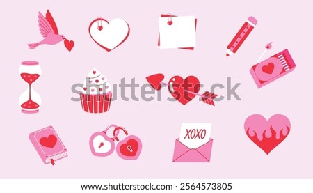 collection of valentine element flying dove with heart, note with paper clip, pink pencil, hourglass with heart, cupcake, heart arrow, pink book, heart lock, love letter, box of matches