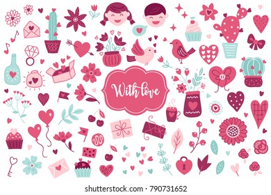 Collection of Valentine elements - boy, girl, flowers, letter, birds, cactus, hearts, rose, balloons, cupcake, flags, love drink, stars