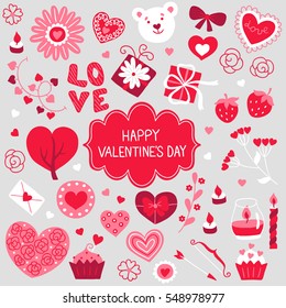Collection of Valentine elements - flowers, candle, love, bow, arrow, letter, tree, strawberry, rose, branch, cupcake, garland.