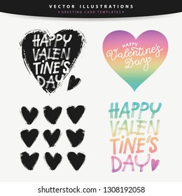 Collection of Valentine graphic elements. Heart colored in summer sunset colors, brushmade illustrations and hand lettered typography. Happy valentines day greeting card elements.