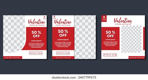 Collection Valentine sale banner template with 50% discount. Red and white background. Vector flat design with photo collage. Can be used for banners, backgrounds and covers.