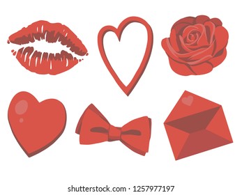 Collection of valentine themed drawn heart, kiss, love letter, ribbon and rose graphic illustrations