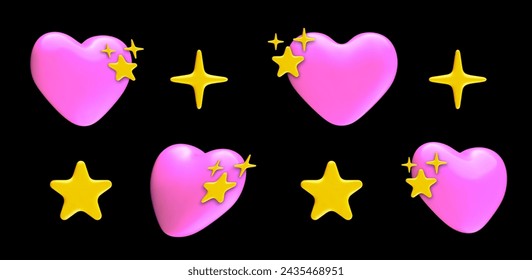 Collection valentines 3D pink heart with star. Minimal render hearts illustration. Vector set