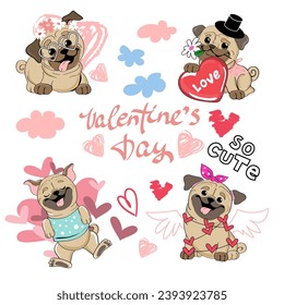 Collection of valentines cards with cute cartoon pug dogs and hearts with the inscription Valentine's Day on a white isolated background. Vector illustration for Valentine's Day and birthday