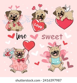 Sammlung von Valentinenkarikaturen, die Hunde und Herzen auf rosafarbenem Hintergrund umarmen. Vektorgrafik zum Valentinstag und zum Geburtstag