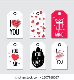 Collection of valentine's cute ready-to-use gift tags. Set of 6 printable hand drawn holiday label in black white and red. Vector seasonal badge design 