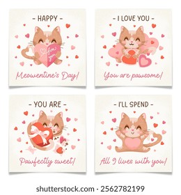 Collection of Valentines Day Cards with cartoon red cats. Ginger kitty character in love. Simple postcards with cute textured hand drawn pet. Romance animal concept. Flat vector illustration.